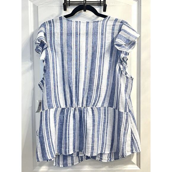 Old Navy Linen Blend Wrap Blouse Size XXL 2XL Nautical Striped Flutter Sleeves - Picture 2 of 7